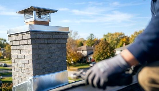 Setting a stainless storm cap on a block chimney near the harbor