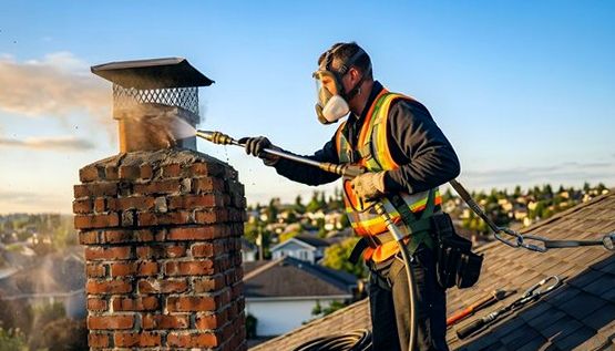 Tech in a mask washing down a chimney cap during leak work