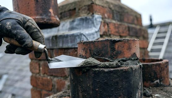 Repointing mortar joints around a clay pot on a Staten Island chimney