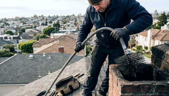 Tech running flue rods down a Staten Island chimney from the roof